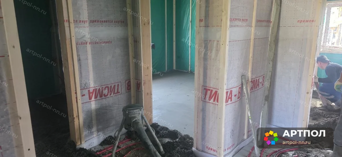 Полусухая стяжка пола 69 мм, 90 м² — с. Спирино, Богородский р-н: ход работ